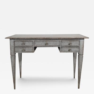 Gustavian Style 1870s Swedish Gray Painted Desk Fluted Drawers and Tapered Legs