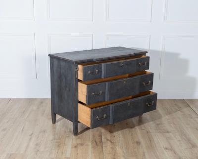 Gustavian Style Chest of Drawers in Black with Brass Hardware and Carved Details