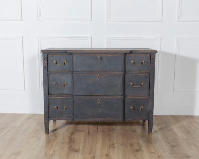 Gustavian Style Chest of Drawers in Black with Brass Hardware and Carved Details