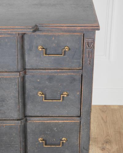 Gustavian Style Chest of Drawers in Black with Brass Hardware and Carved Details