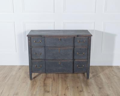 Gustavian Style Chest of Drawers in Black with Brass Hardware and Carved Details