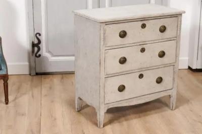 Gustavian Style Swedish Light Grey Painted Three Drawer Chest with Carved Posts