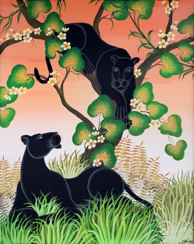 Gustavo Novoa Black Panther in a tree with a peach sky