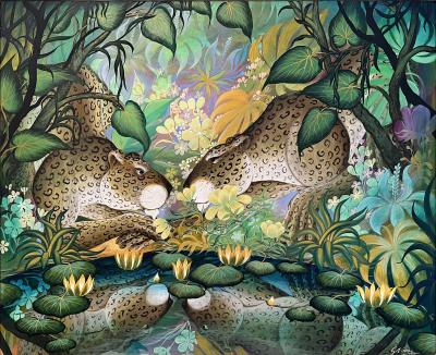 Gustavo Novoa Two Leopards in Reflection Pool in a Fantasy Tropical Garden Naive