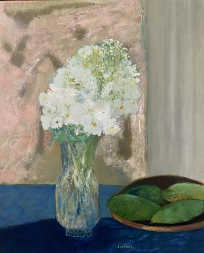 Guy Bardone Vase en Cristal aux Fleurs Blanches