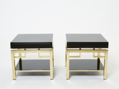 Guy LeFevre Black lacquer brass two tier end tables Guy Lefevre for Maison Jansen 1970s