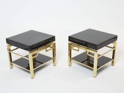 Guy LeFevre Black lacquer brass two tier end tables Guy Lefevre for Maison Jansen 1970s