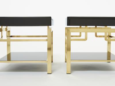 Guy LeFevre Black lacquer brass two tier end tables Guy Lefevre for Maison Jansen 1970s