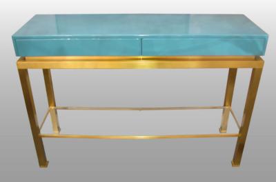 Guy LeFevre Console in brass and blue lacquered wood by G Lef vre Ed Maison Jansen 1970