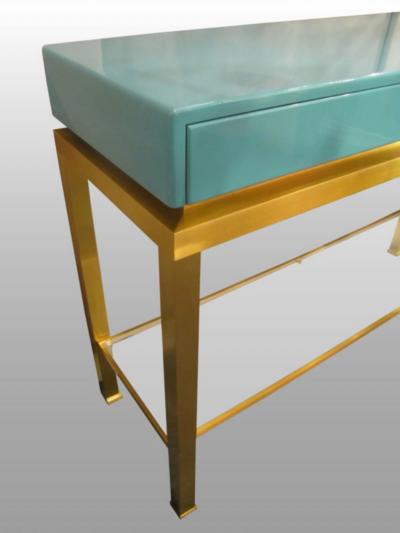 Guy LeFevre Console in brass and blue lacquered wood by G Lef vre Ed Maison Jansen 1970