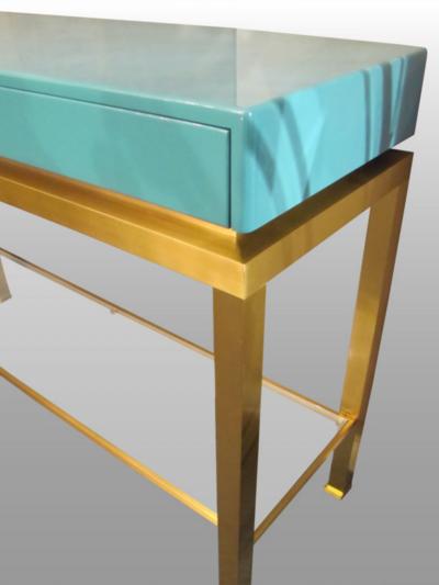 Guy LeFevre Console in brass and blue lacquered wood by G Lef vre Ed Maison Jansen 1970