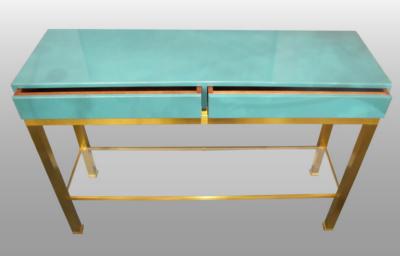 Guy LeFevre Console in brass and blue lacquered wood by G Lef vre Ed Maison Jansen 1970
