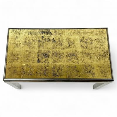 Guy LeFevre French Mid Century Coffee Table with Gilded Glass Top by Guy Lefevre