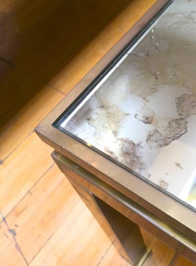 Guy LeFevre Guy Lefevre Pair of Big Oxidized Bronze and Eglomis Mirror Coffee Tables