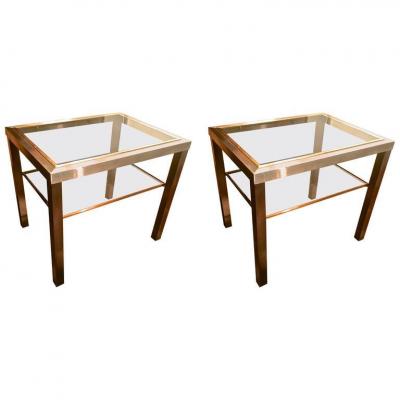 Guy LeFevre Guy Lefevre Pair of Pure Two Tiers Side Table in Brushed Steel and Bronze
