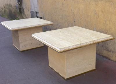 Guy LeFevre Guy Lefevre Pair of Travertine and Gold Bronze Coffee Tables