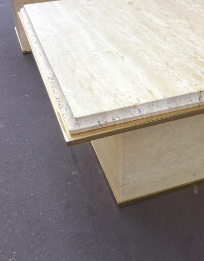 Guy LeFevre Guy Lefevre Pair of Travertine and Gold Bronze Coffee Tables