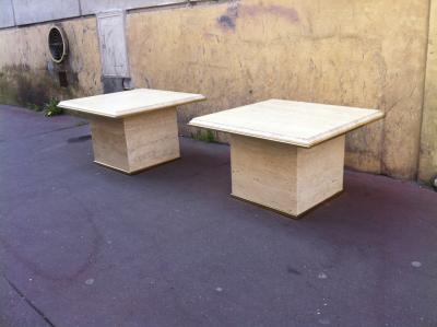 Guy LeFevre Guy Lefevre Pair of Travertine and Gold Bronze Coffee Tables