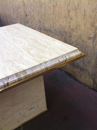 Guy LeFevre Guy Lefevre Pair of Travertine and Gold Bronze Coffee Tables