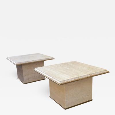 Guy LeFevre Guy Lefevre Pair of Travertine and Gold Bronze Coffee Tables