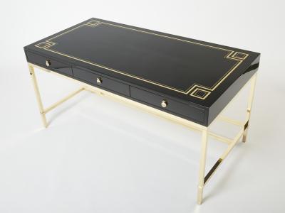 Guy LeFevre Large Desk table Guy Lefevre Maison Jansen black lacquer brass 1970s