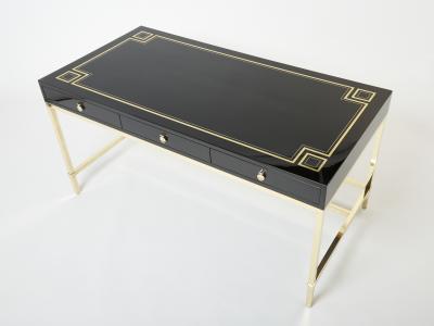 Guy LeFevre Large Desk table Guy Lefevre Maison Jansen black lacquer brass 1970s
