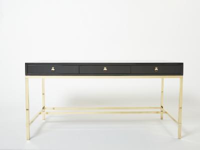 Guy LeFevre Large Desk table Guy Lefevre Maison Jansen black lacquer brass 1970s