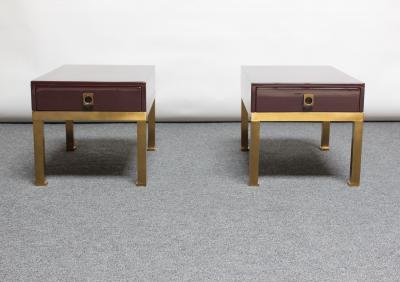 Guy LeFevre Pair of French Lacquered Mahogany and Brass Low Nightstands by Guy Lef vre