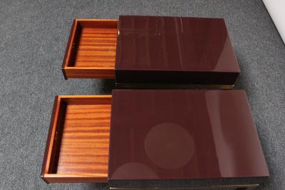 Guy LeFevre Pair of French Lacquered Mahogany and Brass Low Nightstands by Guy Lef vre