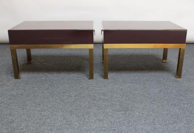 Guy LeFevre Pair of French Lacquered Mahogany and Brass Low Nightstands by Guy Lef vre