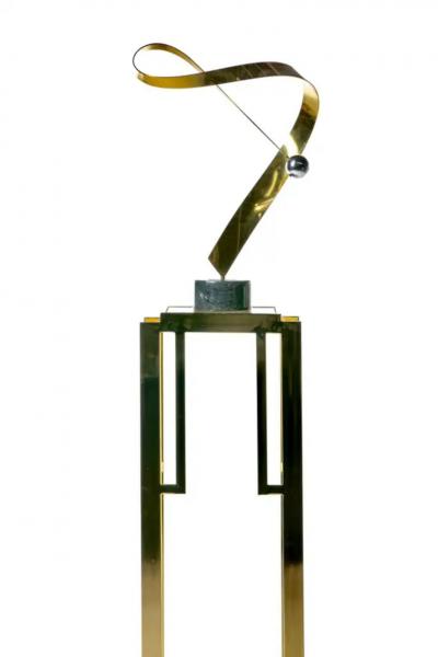 Guy LeFevre Tall Guy Lefevre Style Brass Mid Century Pedestal with Brown Smoked Glass Top