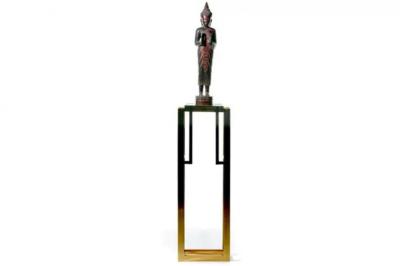 Guy LeFevre Tall Guy Lefevre Style Brass Mid Century Pedestal with Brown Smoked Glass Top