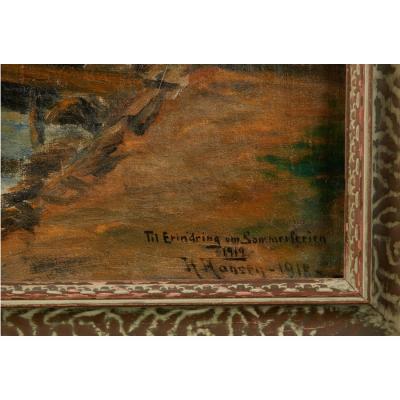 H Hansen Antique German Seascape Oil Painting of Lake Friedrich by H Hansen