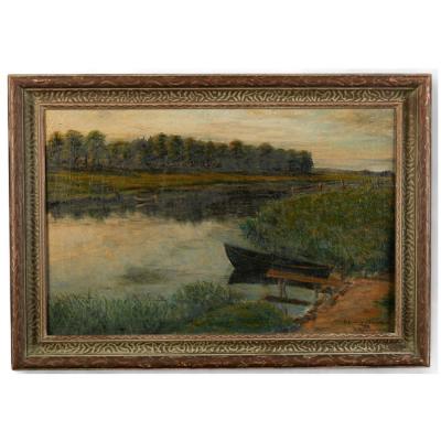 H Hansen Antique German Seascape Oil Painting of Lake Friedrich by H Hansen