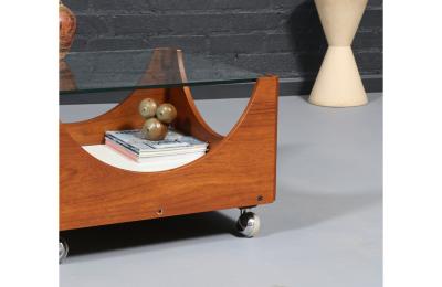 H W Klein H W Klein Rolling Teak Coffee Table w Floating Glass Top for Bramin
