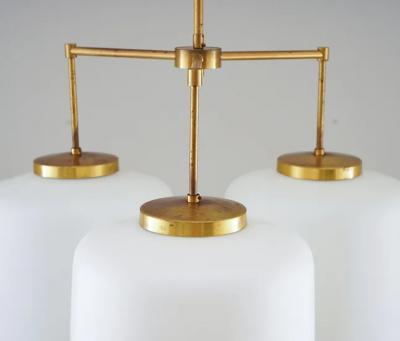 H vik Lys Large Chandelier in Brass and Opaline Glass by H vik Lys Norway