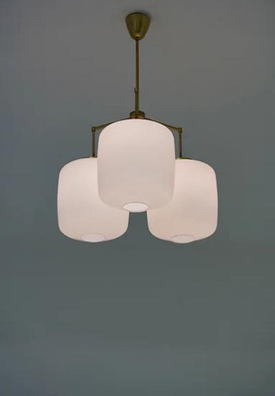 H vik Lys Large Chandelier in Brass and Opaline Glass by H vik Lys Norway