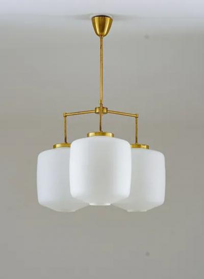 H vik Lys Large Chandelier in Brass and Opaline Glass by H vik Lys Norway