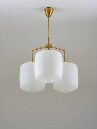 H vik Lys Large Chandelier in Brass and Opaline Glass by H vik Lys Norway