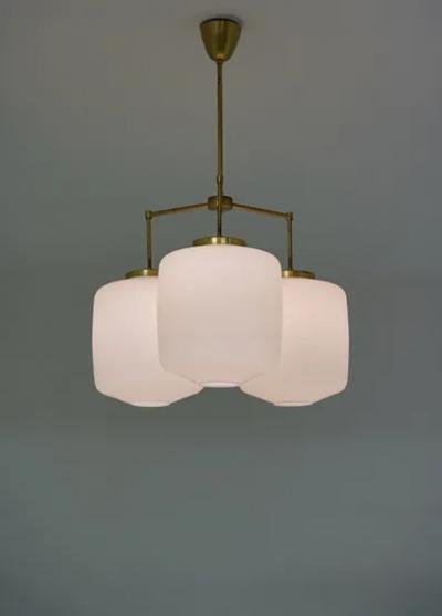 H vik Lys Large Chandelier in Brass and Opaline Glass by H vik Lys Norway