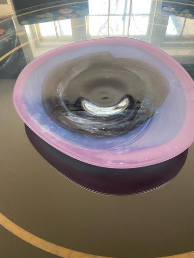 HAND BLOWN PINK AND PURPLE MODERN GLASS BOWL SIGNED