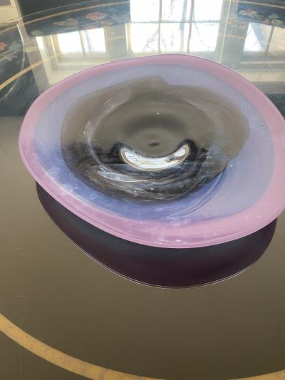 HAND BLOWN PINK AND PURPLE MODERN GLASS BOWL SIGNED