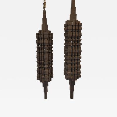 HAND CARVED Wooden 1920s CHANDELIERS PAIR 