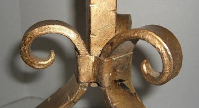HANDCRAFTED TABLE WITH PATINATED METAL TOP AND ANTIQUE IRON CANDLE STAND BASE