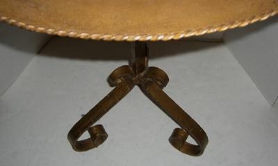 HANDCRAFTED TABLE WITH PATINATED METAL TOP AND ANTIQUE IRON CANDLE STAND BASE