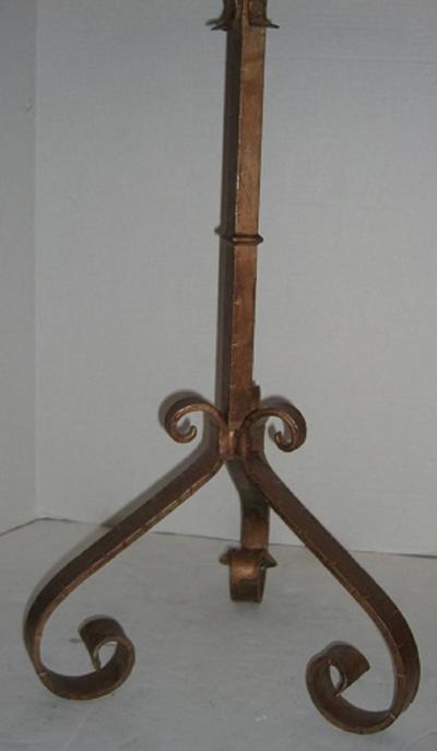 HANDCRAFTED TABLE WITH PATINATED METAL TOP AND ANTIQUE IRON CANDLE STAND BASE