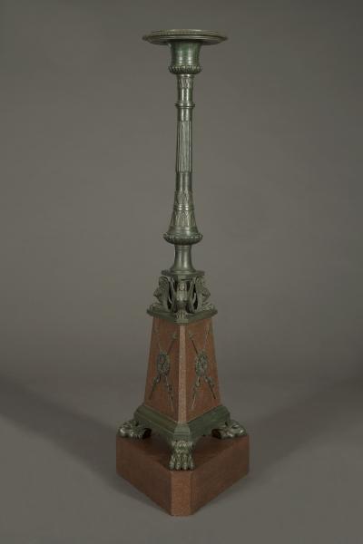 HAREWOOD HOUSE TORCH RES PAIR OF CARVED FAUX BRONZE AND FAUX PORPHYRY TORCH RES