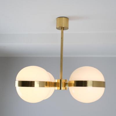 HEIKKI TURUNEN Mid Century Modern Chandelier in Brass Milk Glass Heikki Turunen Orno 1970s