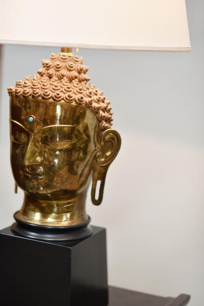 HINDU HEAD Brass Wood Table Lamp w LINEN SHADE