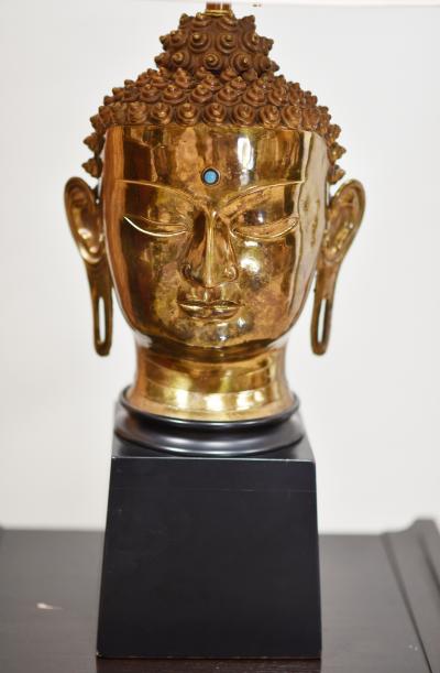 HINDU HEAD Brass Wood Table Lamp w LINEN SHADE